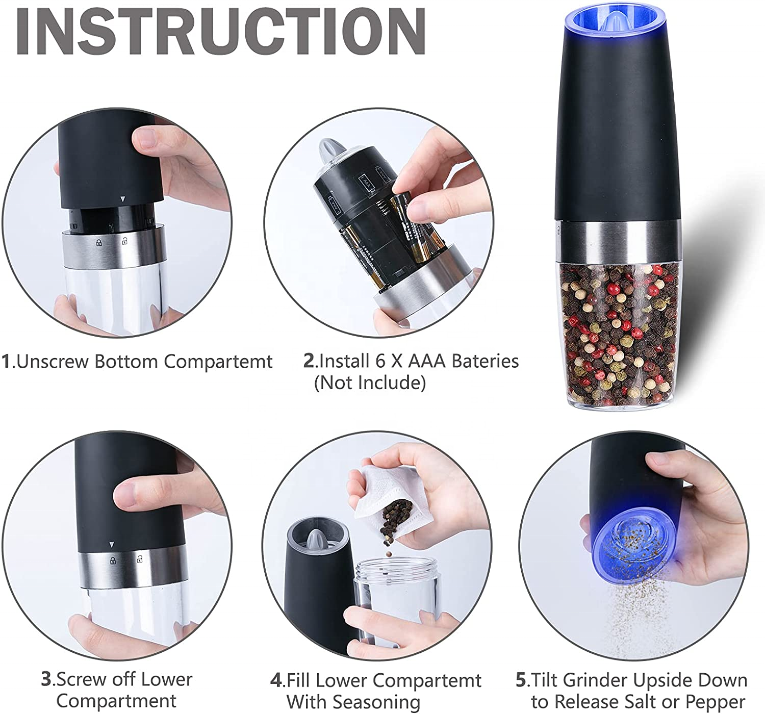 Black pepper mill grinder set spice jar  Electric gravity salt and pepper grinder with blue light