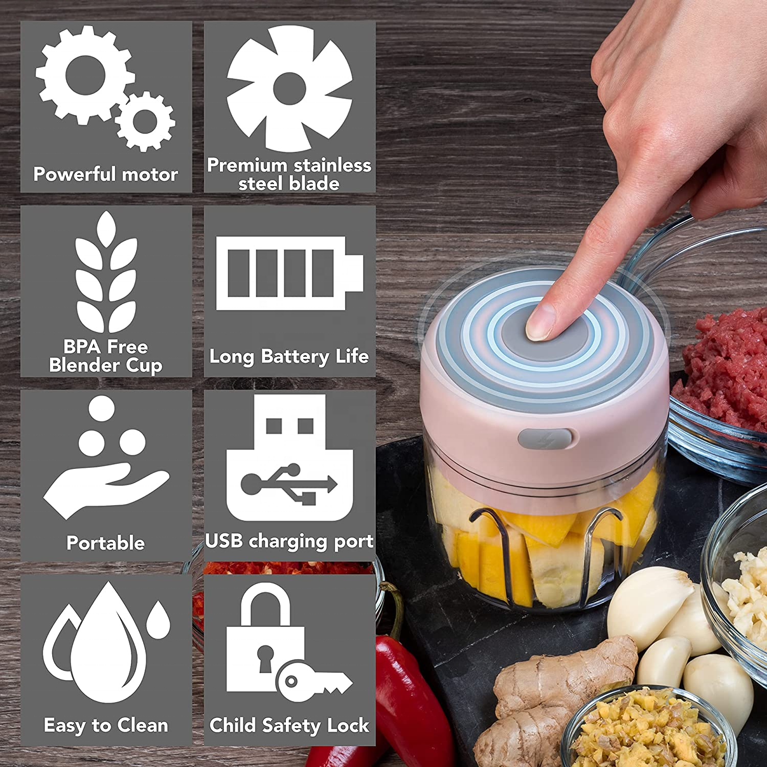 250ML Rechargeable Portable and Cordless Mini Food Processor  Electric Garlic Chopper with Stainless Steel Blade