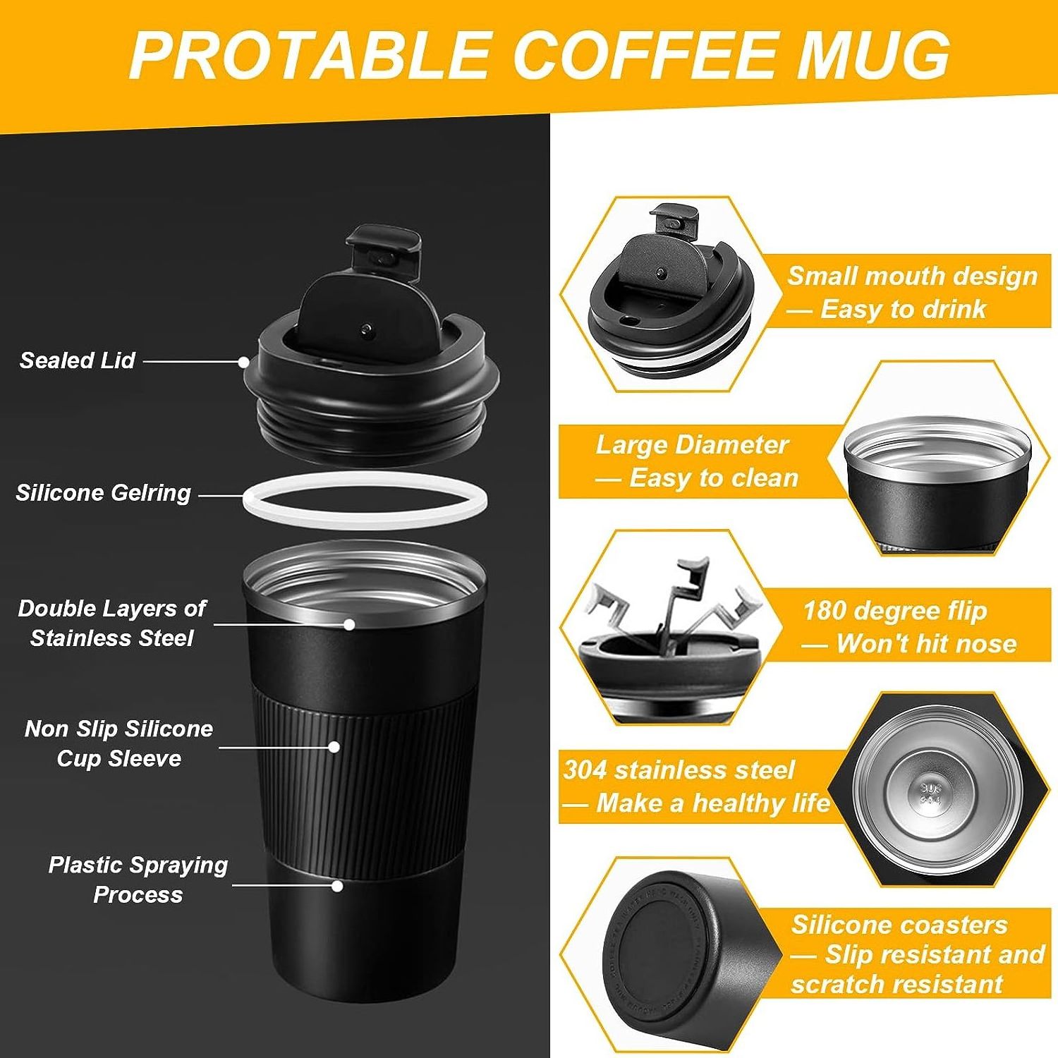 Travel Coffee Mug, Stainless Steel Vacuum Insulated Coffee Mug with Leakproof Lid, Double Walled Reusable Coffee Travel Mug