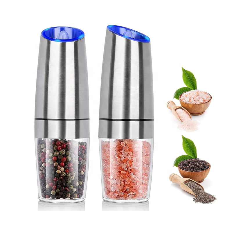 Black pepper mill grinder set spice jar  Electric gravity salt and pepper grinder with blue light