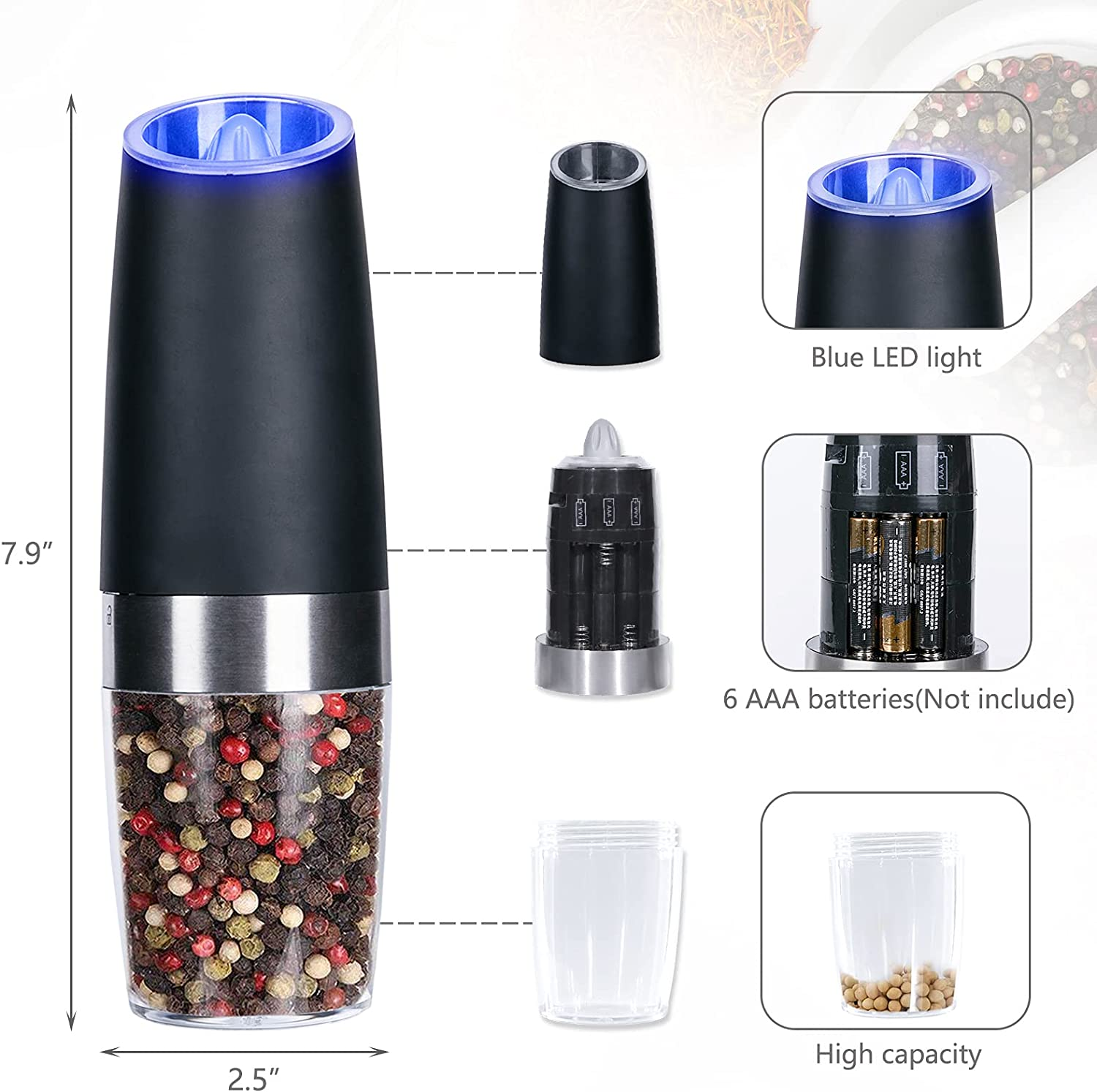 Electric gravity salt and pepper grinder set spice jar rechargeable Black pepper mill grinder with blue light and stand