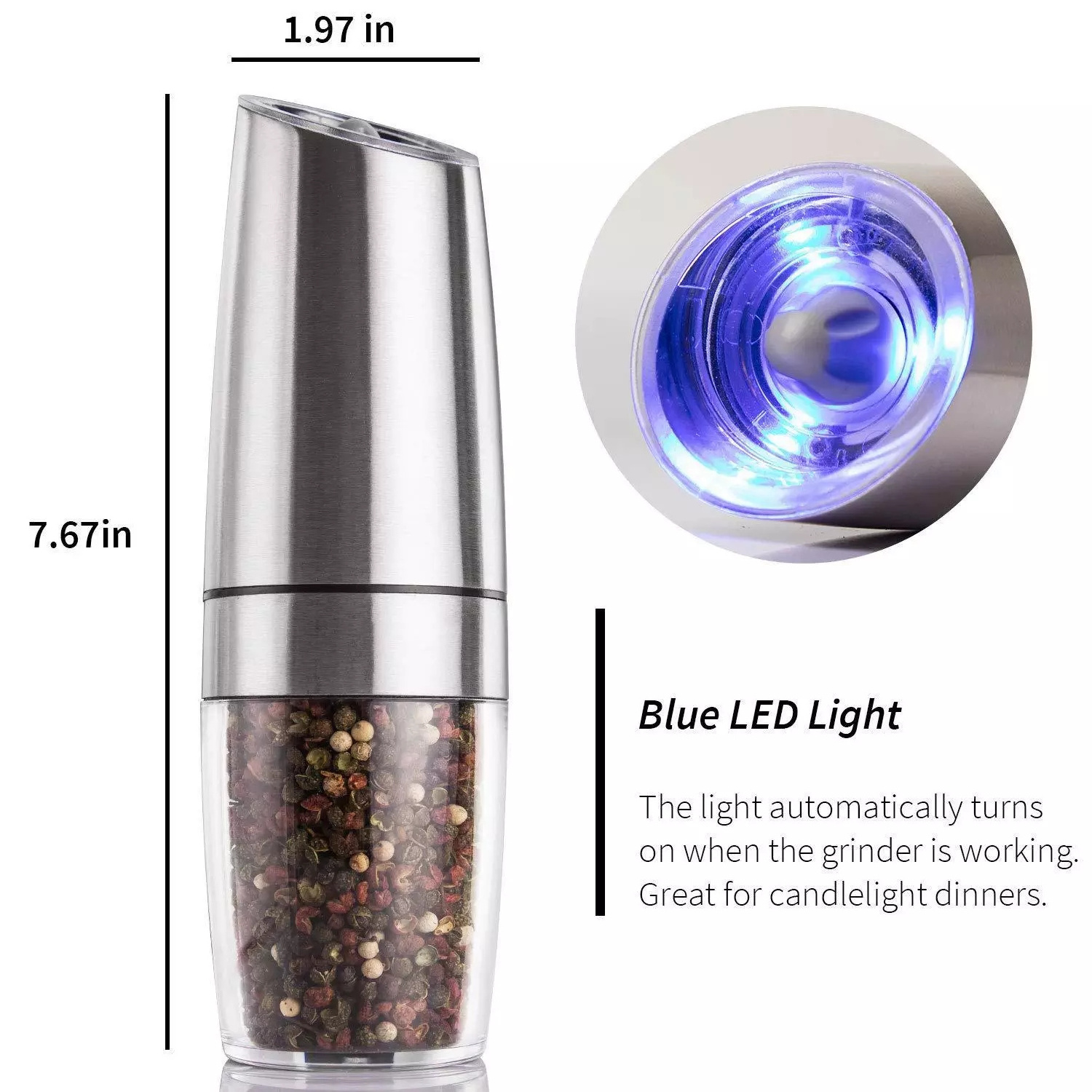 Electric gravity salt and pepper grinder set spice jar rechargeable Black pepper mill grinder with blue light and stand