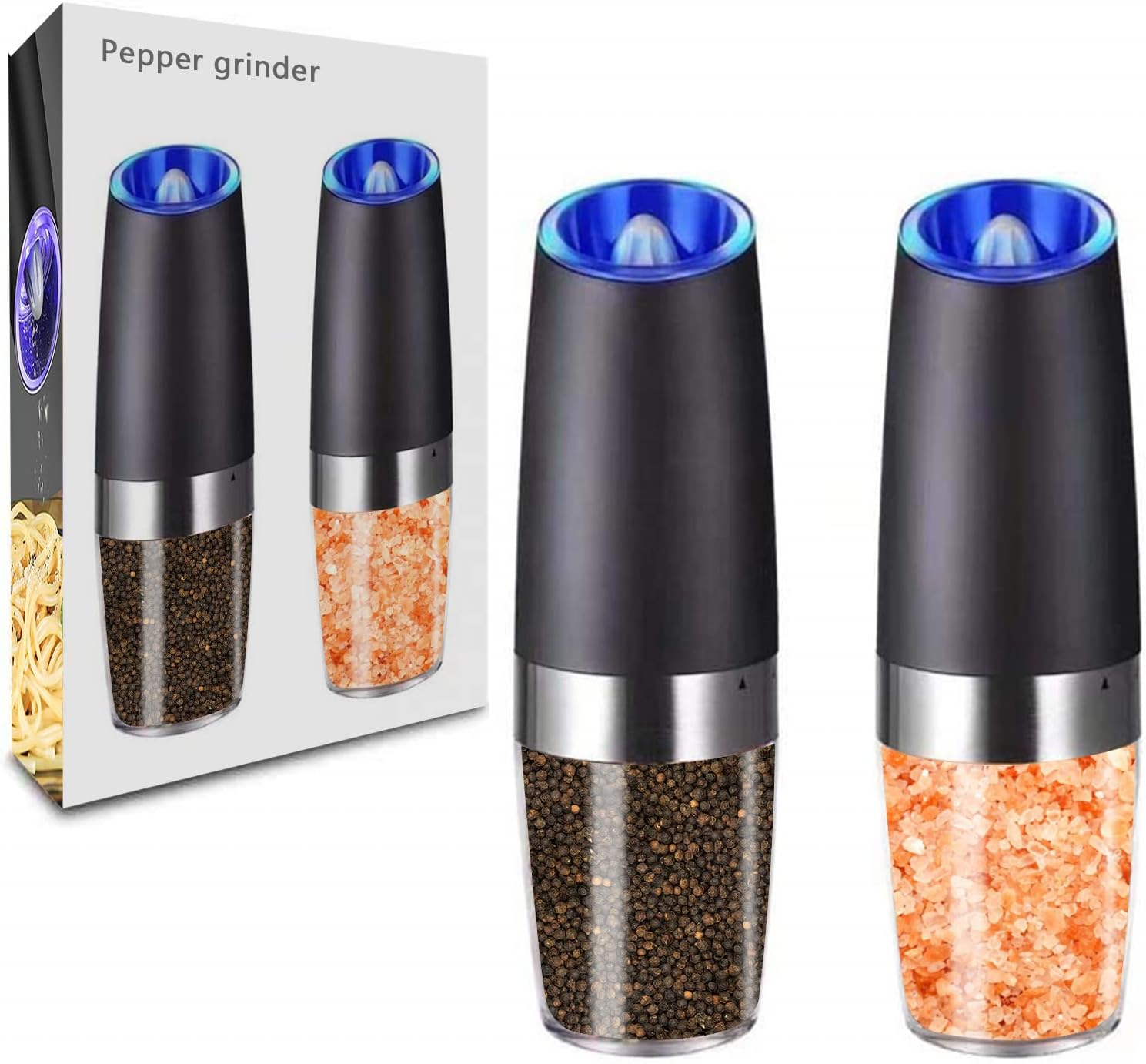 Black pepper mill grinder set spice jar  Electric gravity salt and pepper grinder with blue light