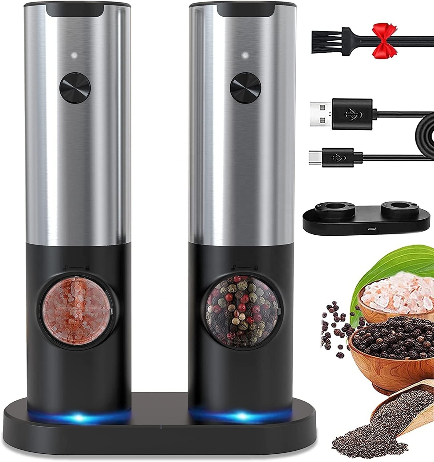 Hot Selling Electric pepper Grinders Automatic Rechargeable Salt And Pepper Mill Set With Rechargeable Base