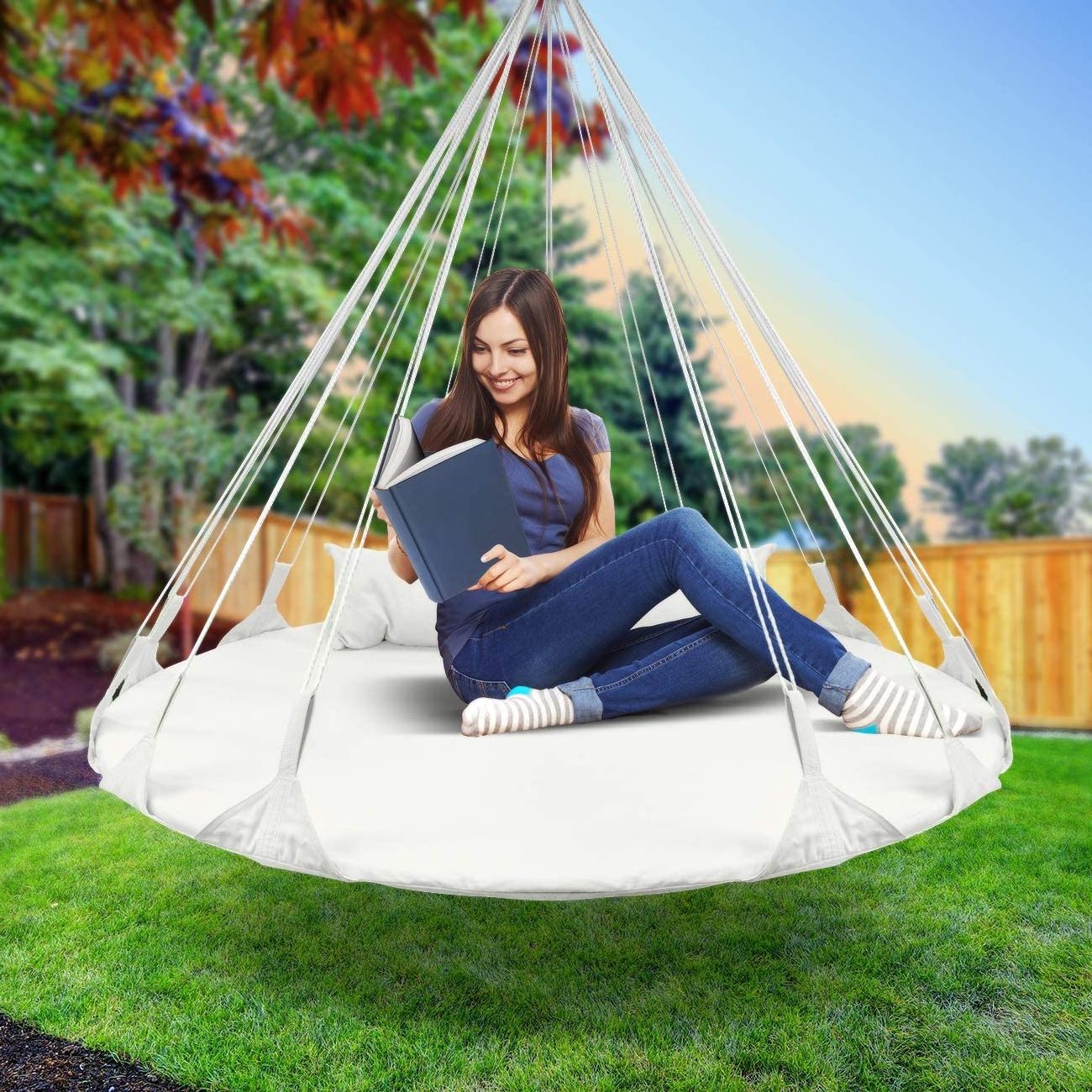 BODI Hanging Swing Nest with Pillow, Double Hammock Daybed Saucer Style Lounger Swing, 264 Pound Capacity, for Indoor/Outdoor