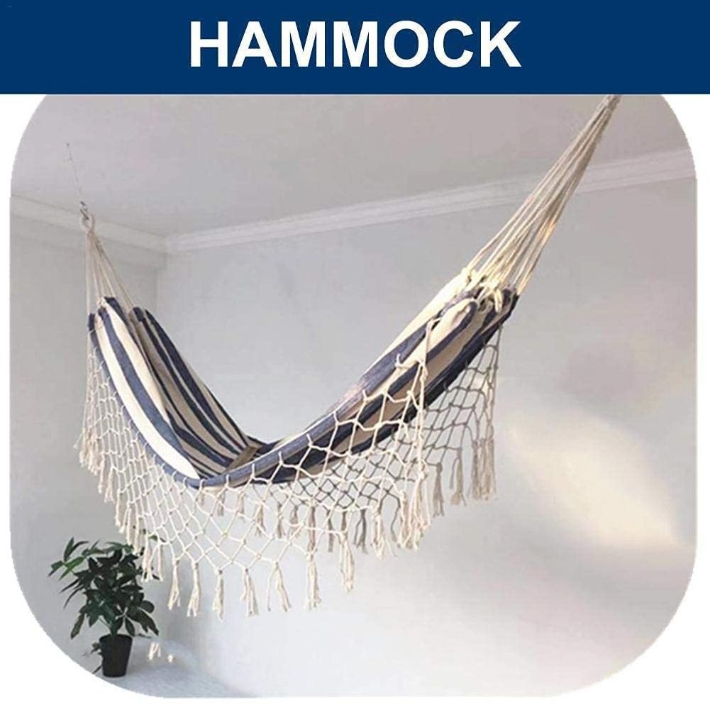 BODI 2 Person Handmade Large Brazilian Macrame Fringe Natural Hand Woven Hammock and Double Deluxe Cotton Swing Net Chair