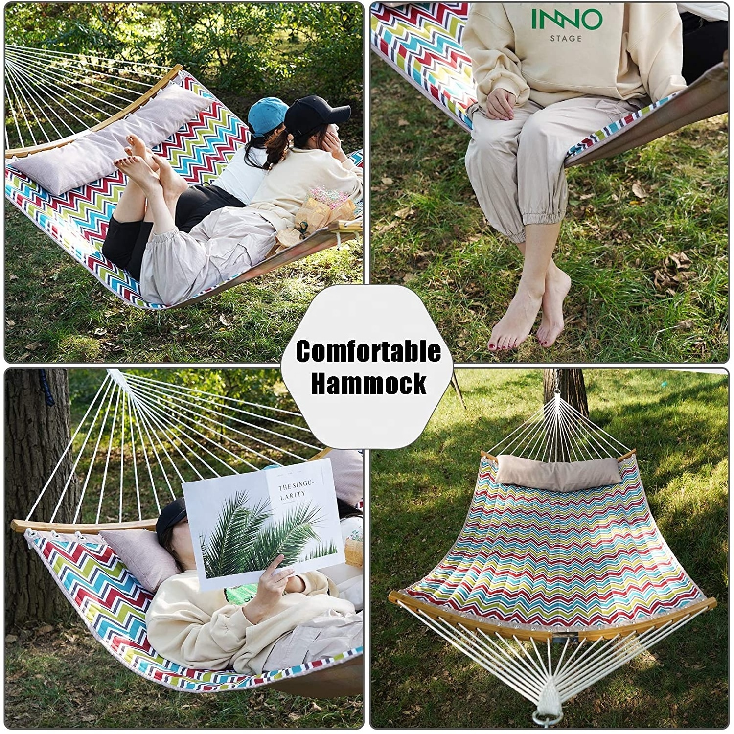 BODI Double Hammock Quilted Fabric Swing with Strong Curved-Bar Bamboo & Detachable Pillow 140x190 cm Large Hammocks