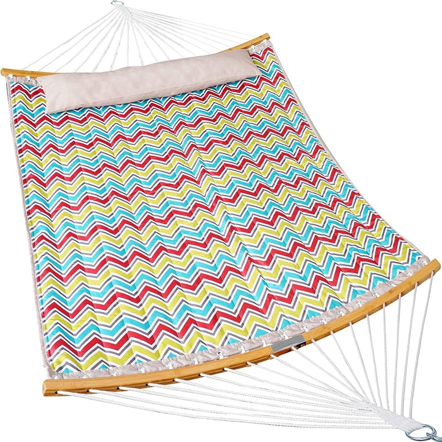 BODI Double Hammock Quilted Fabric Swing with Strong Curved-Bar Bamboo & Detachable Pillow 140x190 cm Large Hammocks