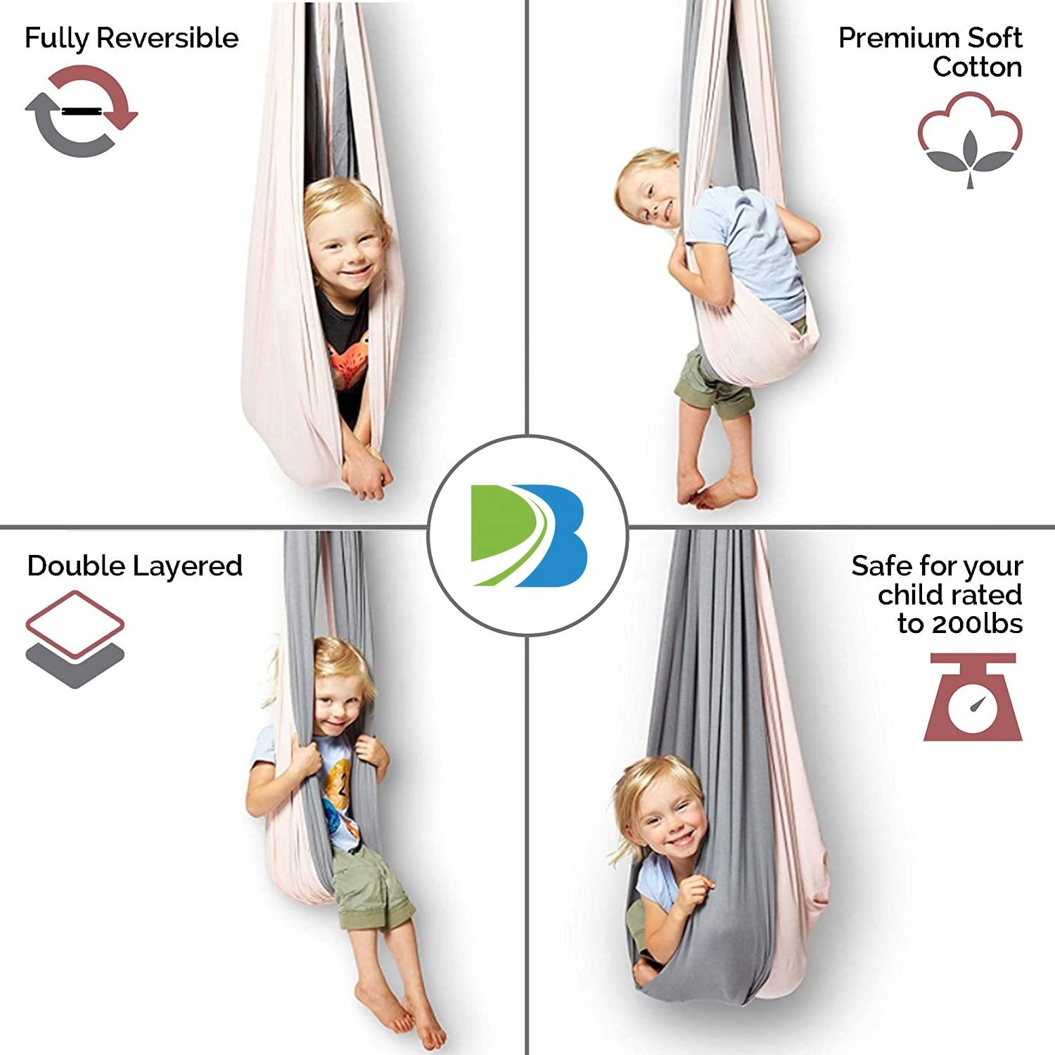 BODI Indoor Therapy Swing Autism, ADHD, Aspergers Double Layer Reversible Kids Anti-Rollover Sensory Hammock Swing