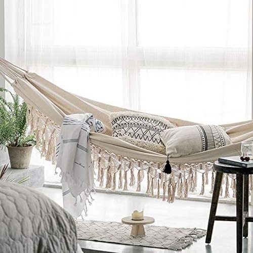 BODI Portable Boho Macrame Canvas Macrame Swing Hanging Camping Tassels Fringe Travel Cotton Rope Hammock