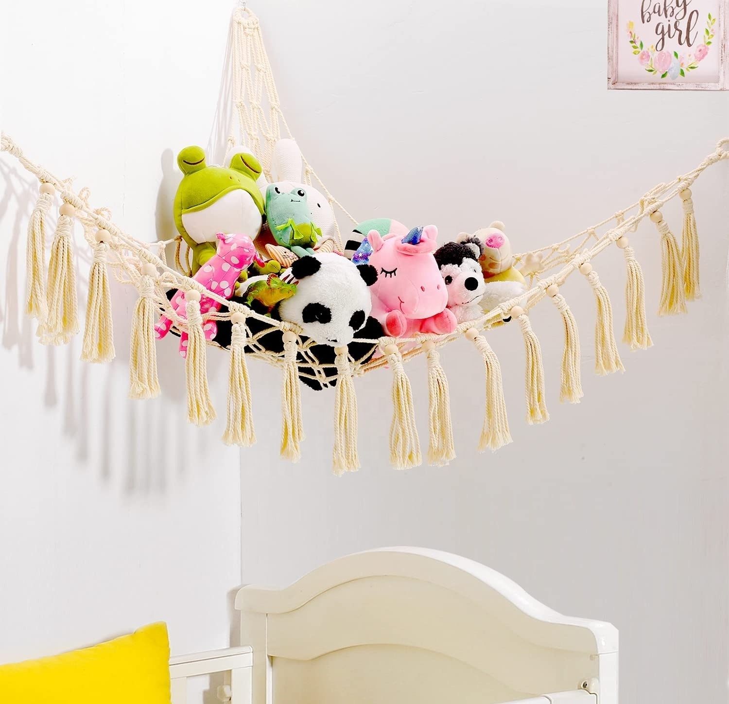 BODI Stuffed Animal Toy Hammock Hanging- Macrame Toy Hammock with Wood Beads and Tassels Stuff Animals Organizer Storage Holder