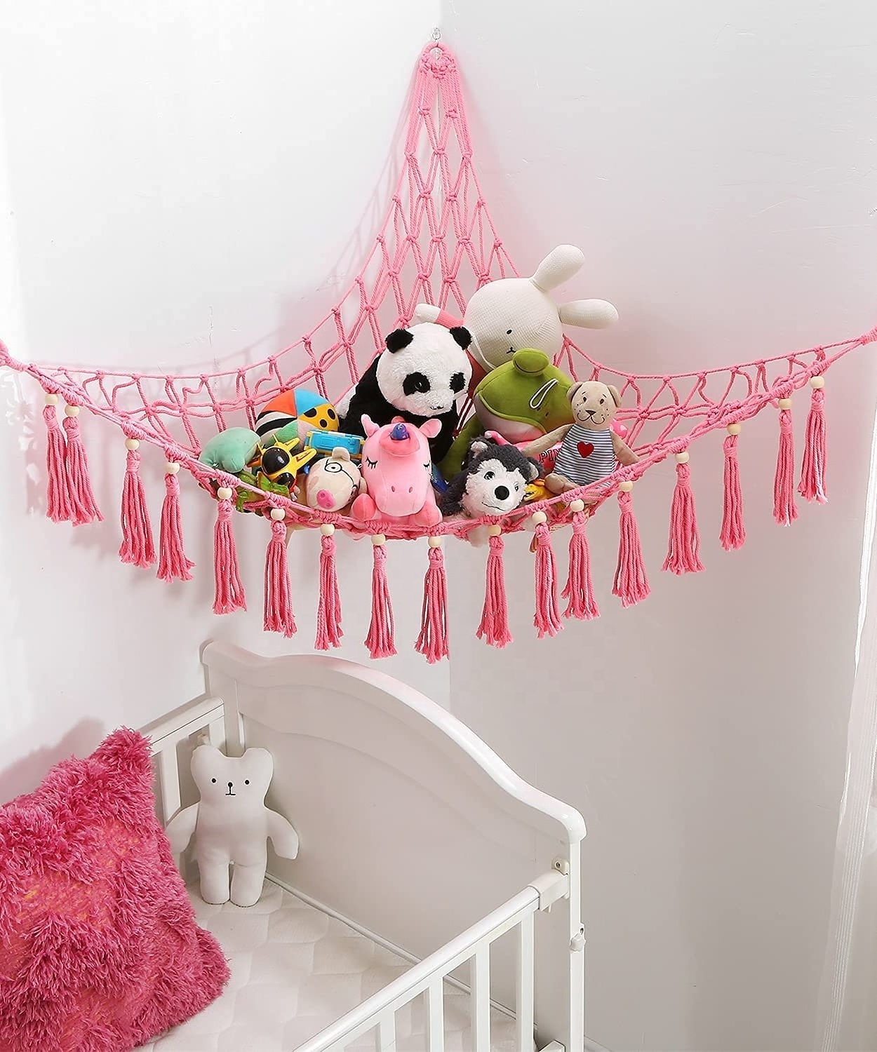 BODI Stuffed Animal Toy Hammock nursery Hanging Stuff Animals Organizers Storage with Tassels Boho Large Corner Mesh Toy Hammock