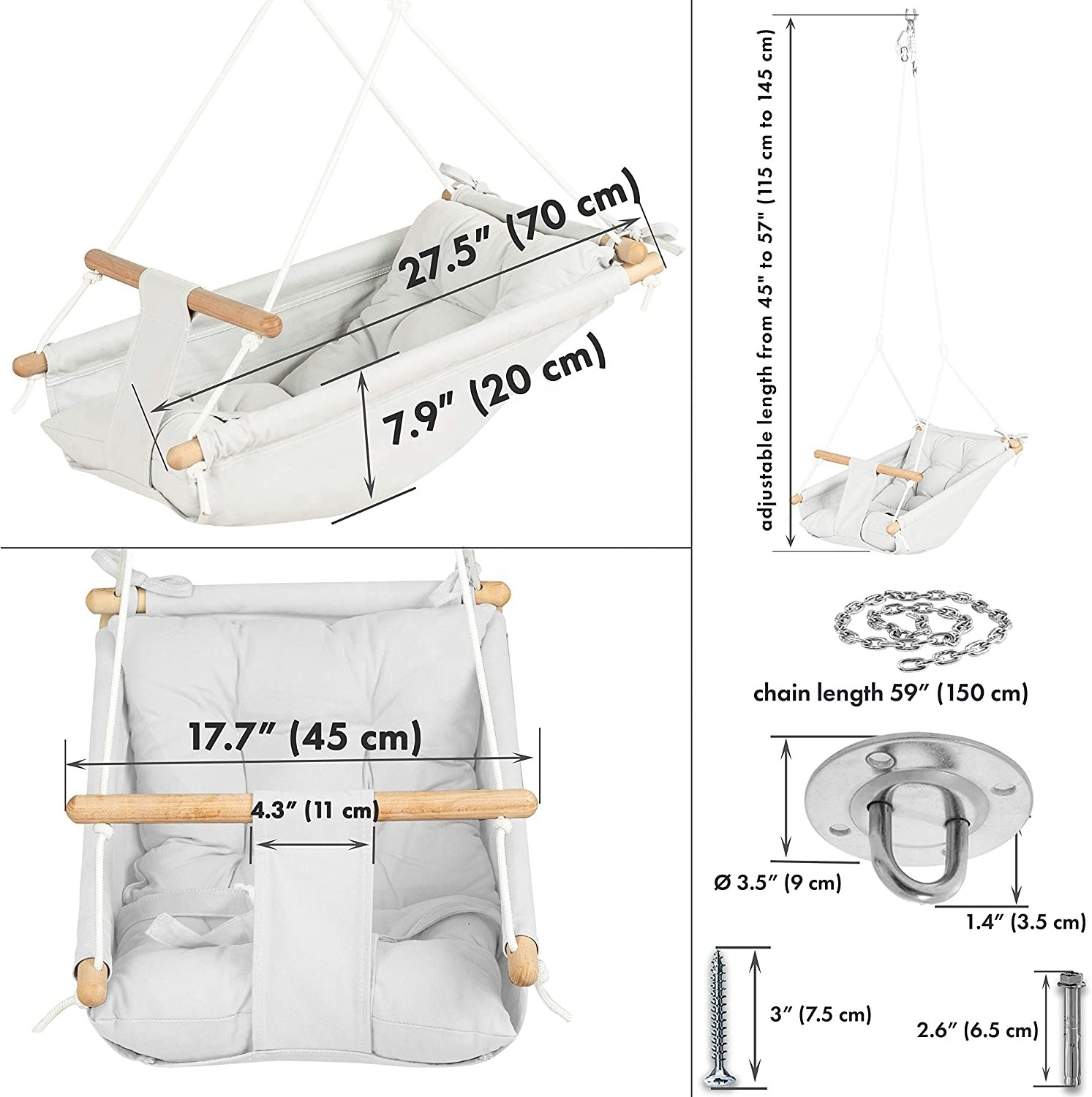 BODI Wooden Hanging Swing Seat Chair for Baby with Safety Belt and mounting Hardware Canvas Baby Hammock Swing