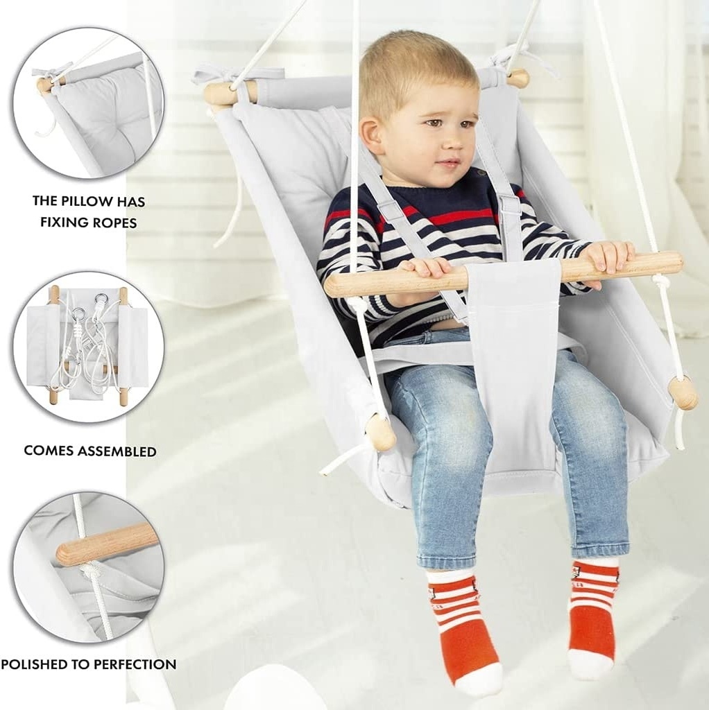 BODI Wooden Hanging Swing Seat Chair for Baby with Safety Belt and mounting Hardware Canvas Baby Hammock Swing