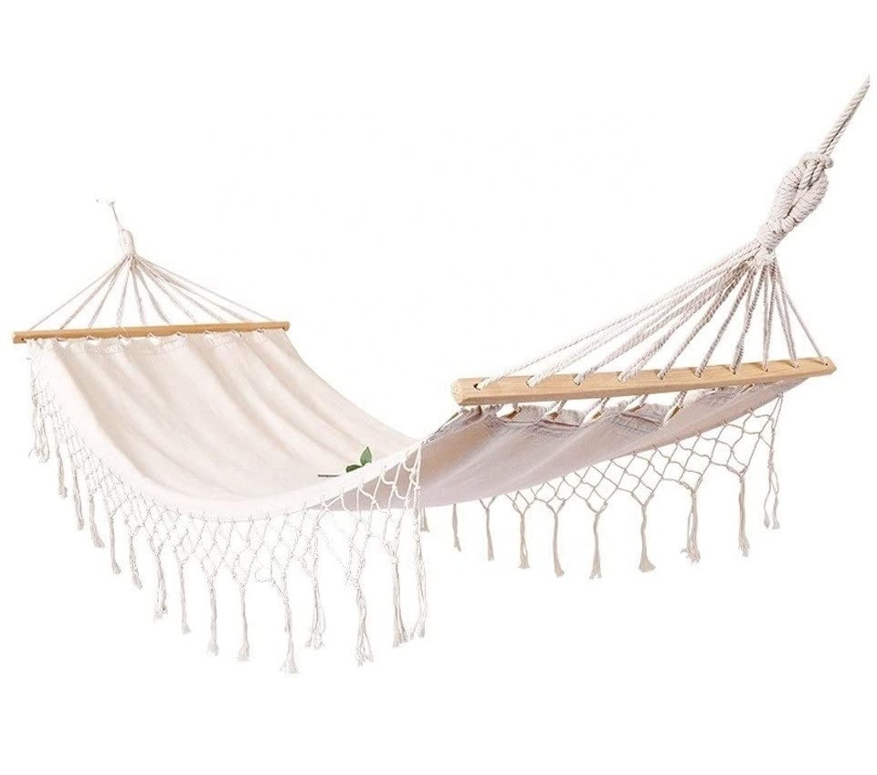 BODI Handmade Boho Large Brazilian Macrame Fringe Hammock Canvas Fabric Hammock with Wood Spreader Bar and Fringed Macrame