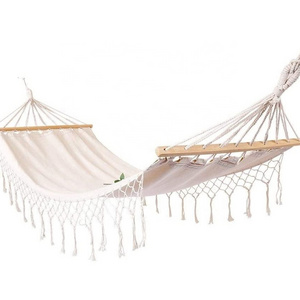 BODI Handmade Boho Large Brazilian Macrame Fringe Hammock Canvas Fabric Hammock with Wood Spreader Bar and Fringed Macrame