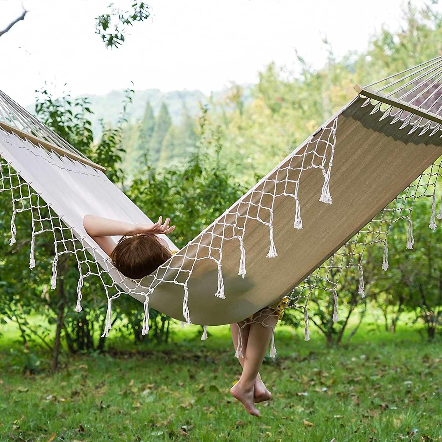 BODI Handmade Boho Large Brazilian Macrame Fringe Hammock Canvas Fabric Hammock with Wood Spreader Bar and Fringed Macrame