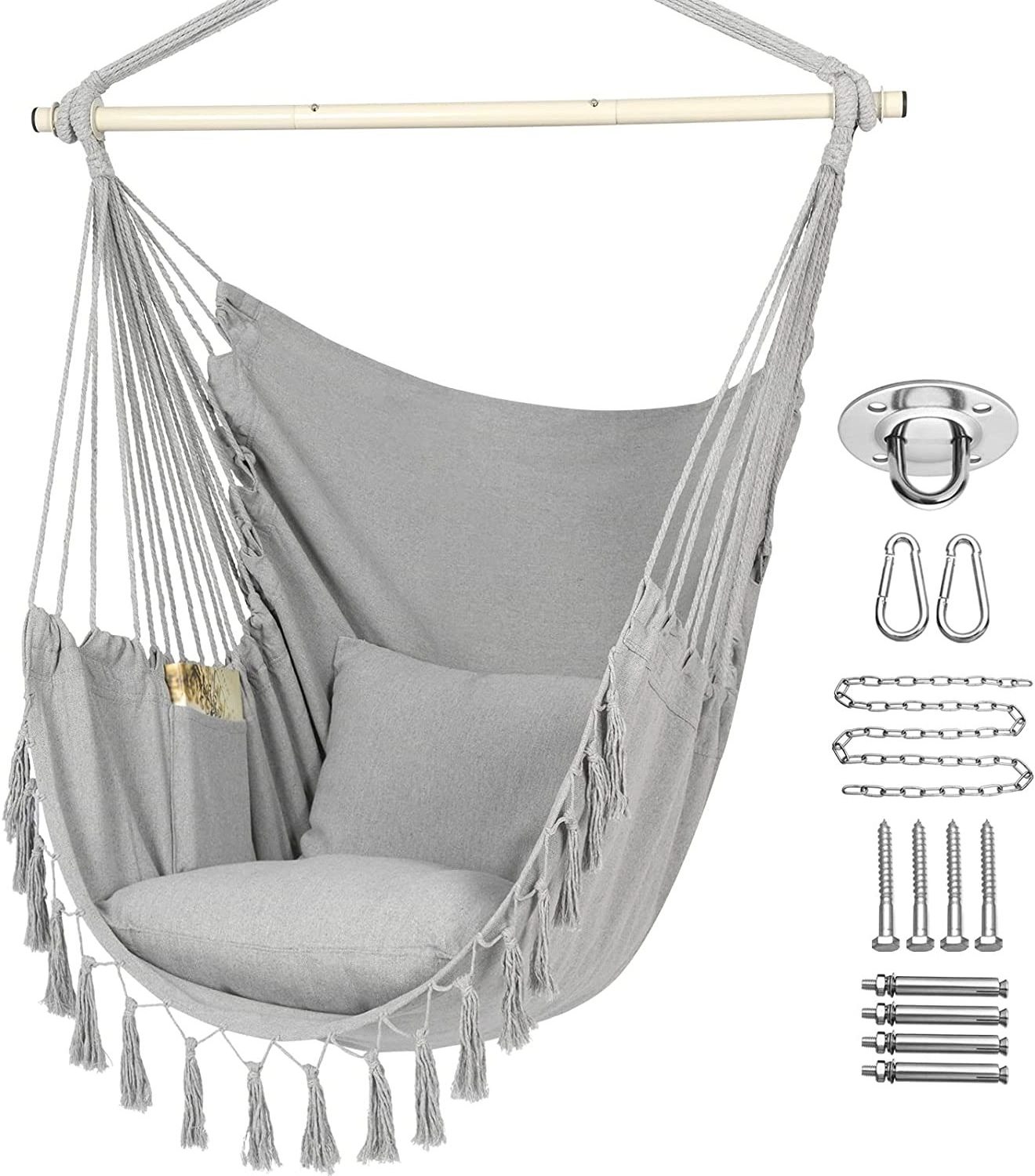 BODI  Hammock Chair Hanging Rope Swing with 2 Cushions and Hardware Kit, Wooden Spreader Bar with Anti-Slip Rings