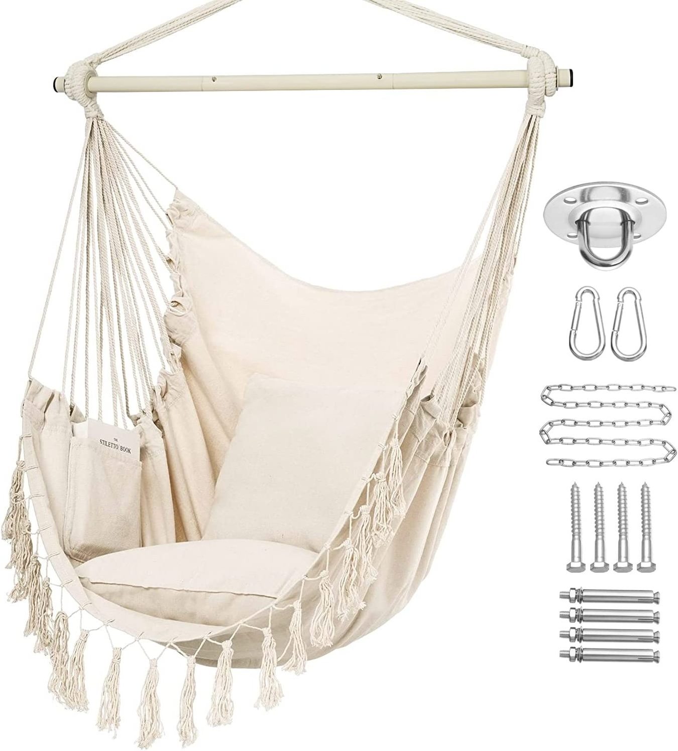 BODI  Hammock Chair Hanging Rope Swing with 2 Cushions and Hardware Kit, Wooden Spreader Bar with Anti-Slip Rings