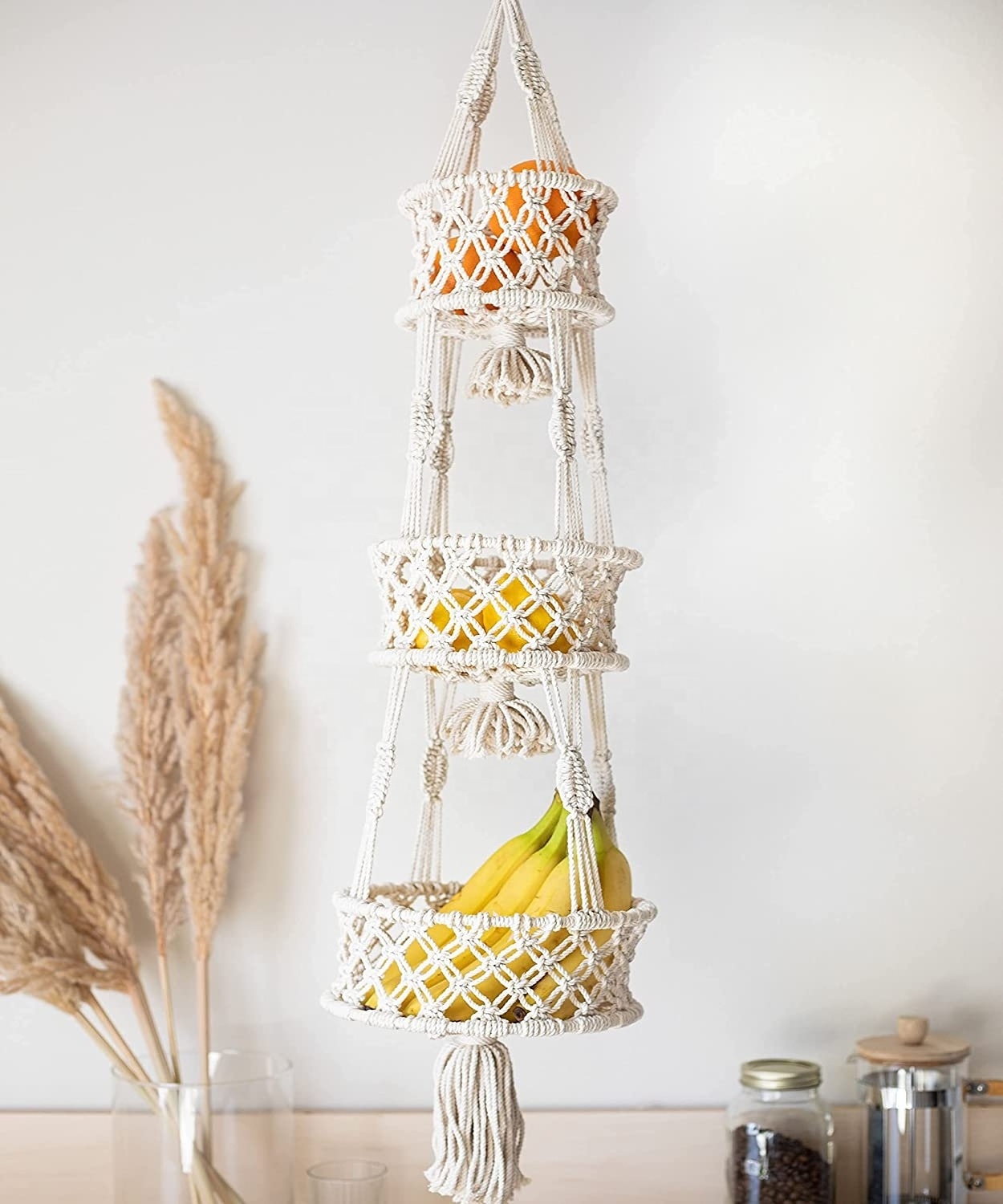 Macrame Hanging Fruit Basket Hammock for Kitchen Handmade Fruit Holder  wall basket