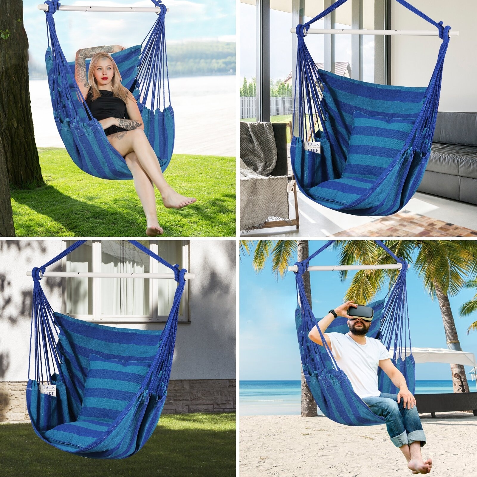 Hammock Chair Hanging Rope Swing - Max 500 Lbs - 2 Cushions Included - Steel Spreader Bar with Anti-Slip Rings