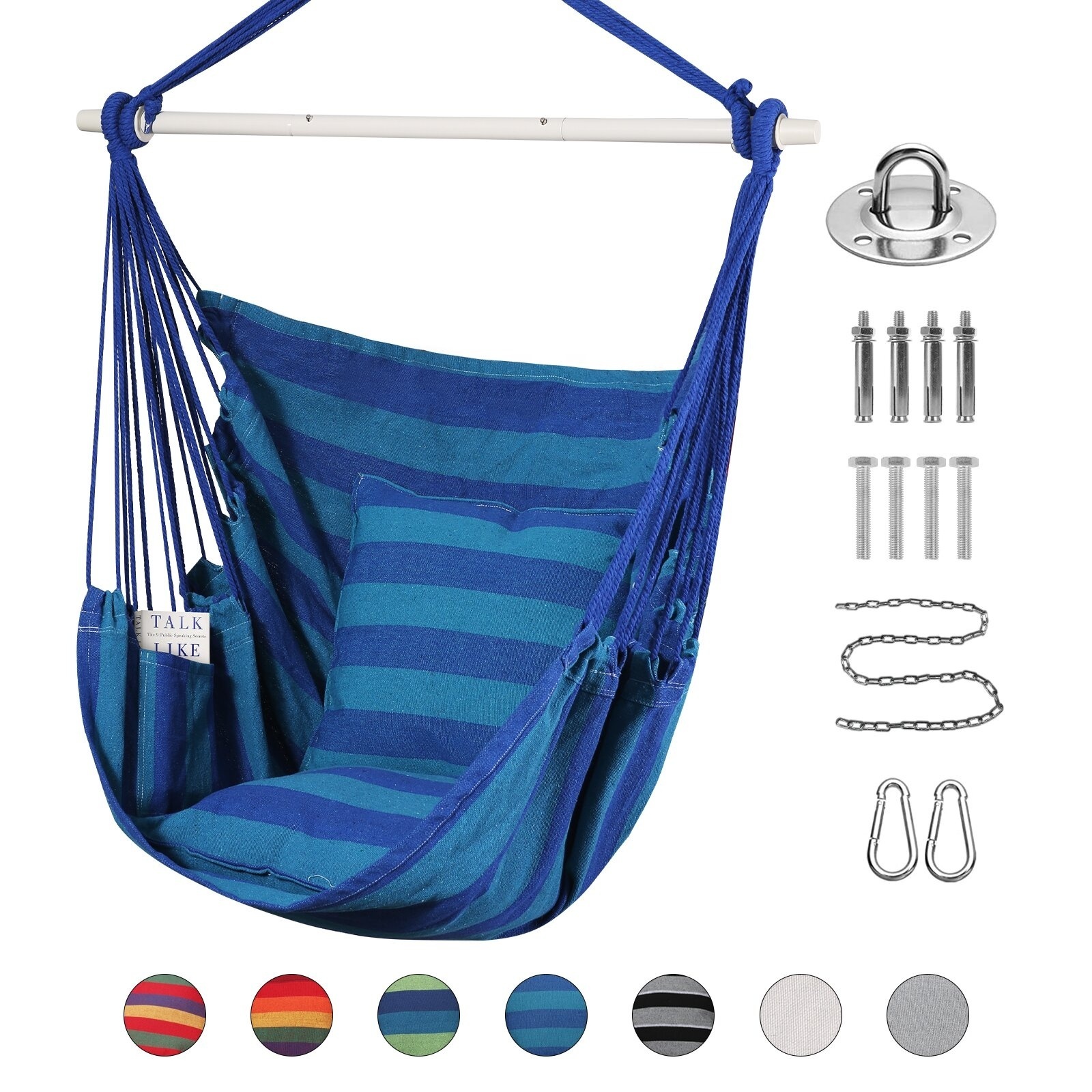 Hammock Chair Hanging Rope Swing - Max 500 Lbs - 2 Cushions Included - Steel Spreader Bar with Anti-Slip Rings