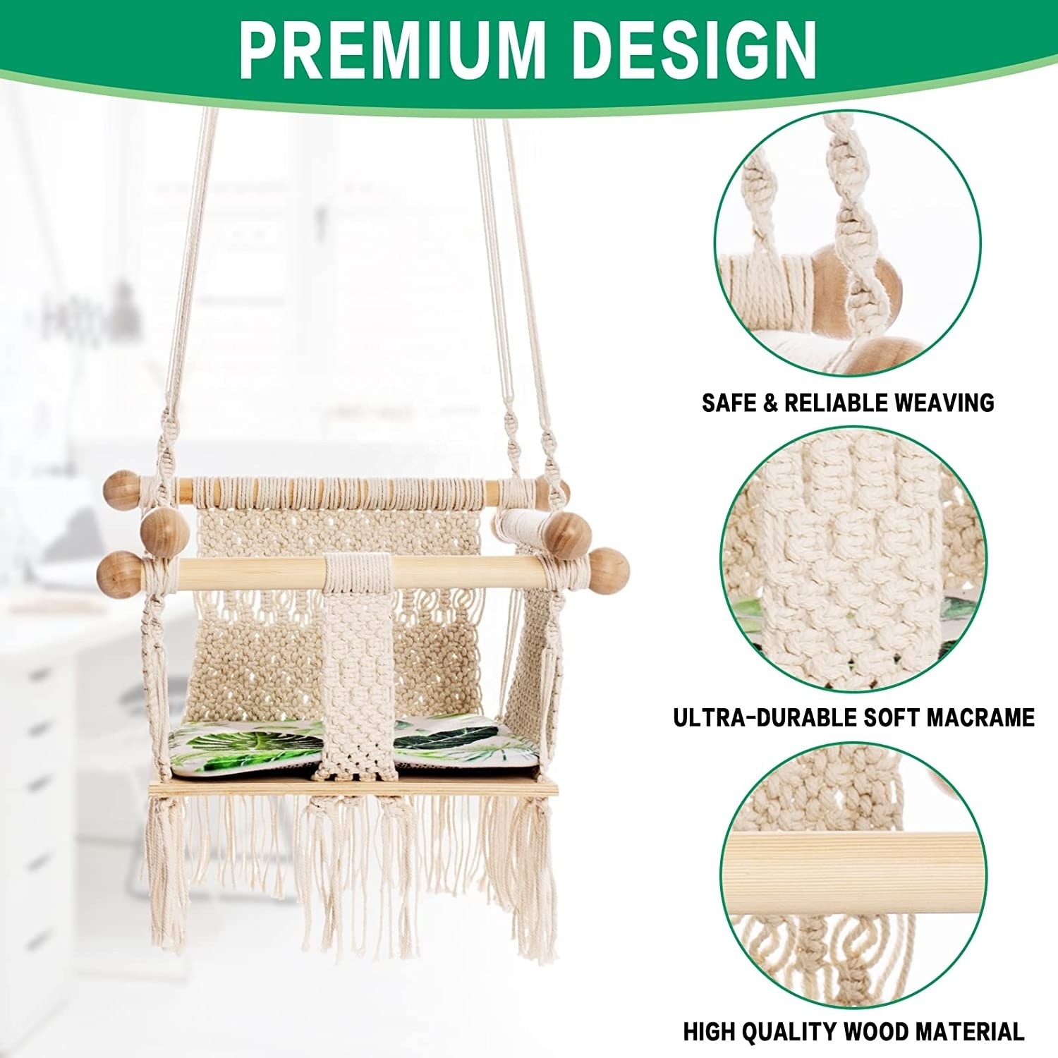 BODI Handmade Baby Macrame Swing Boho Hammock Rope Hanging Chair Seat for Kids Hammock Net Chair Porch Chair for Bedroom