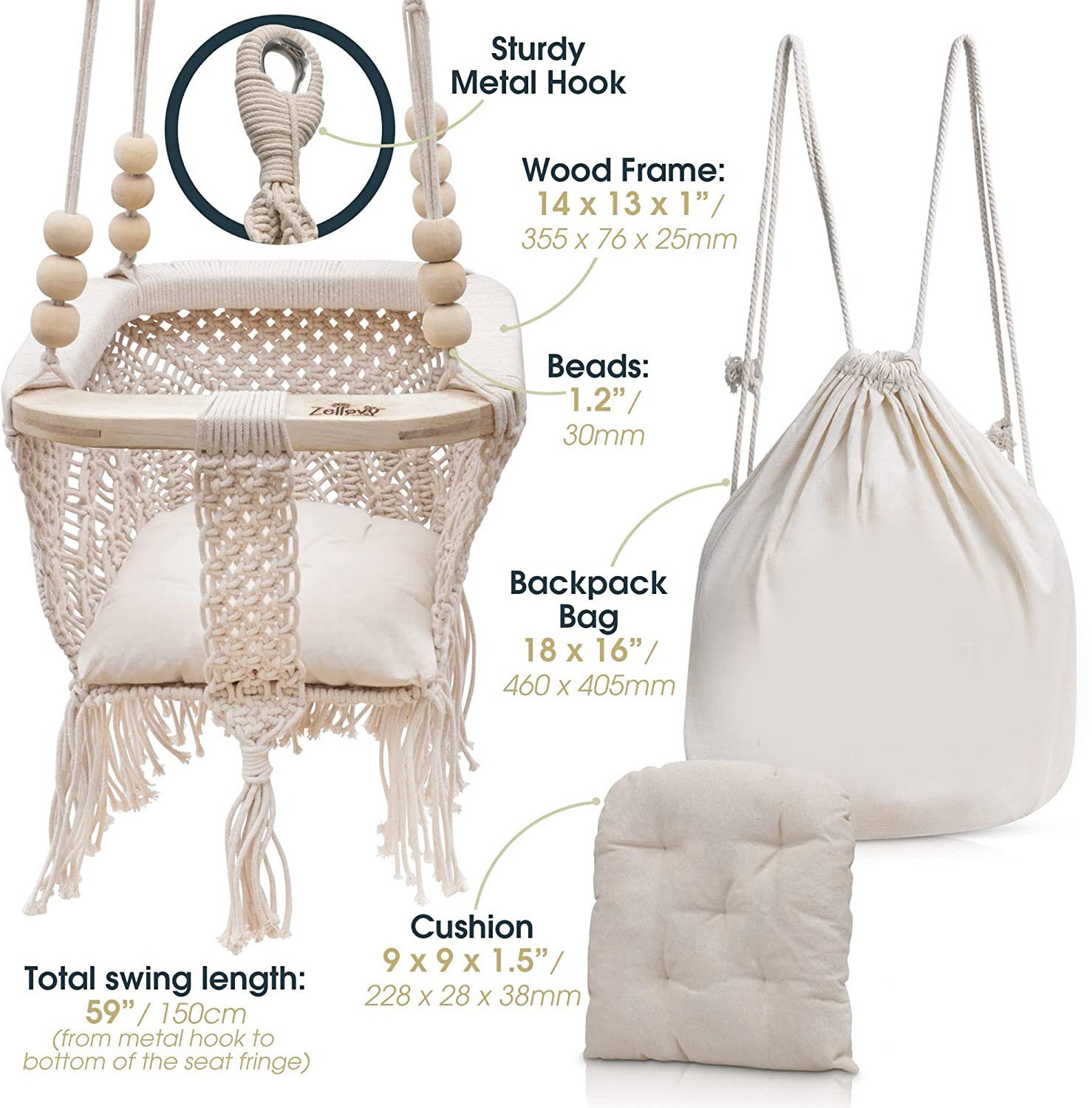 BODI Organic Macrame Baby Swing Chair with Cushion & Portable Canvas Backpack Boho Baby Swing Outdoor Indoor Infants & Toddler