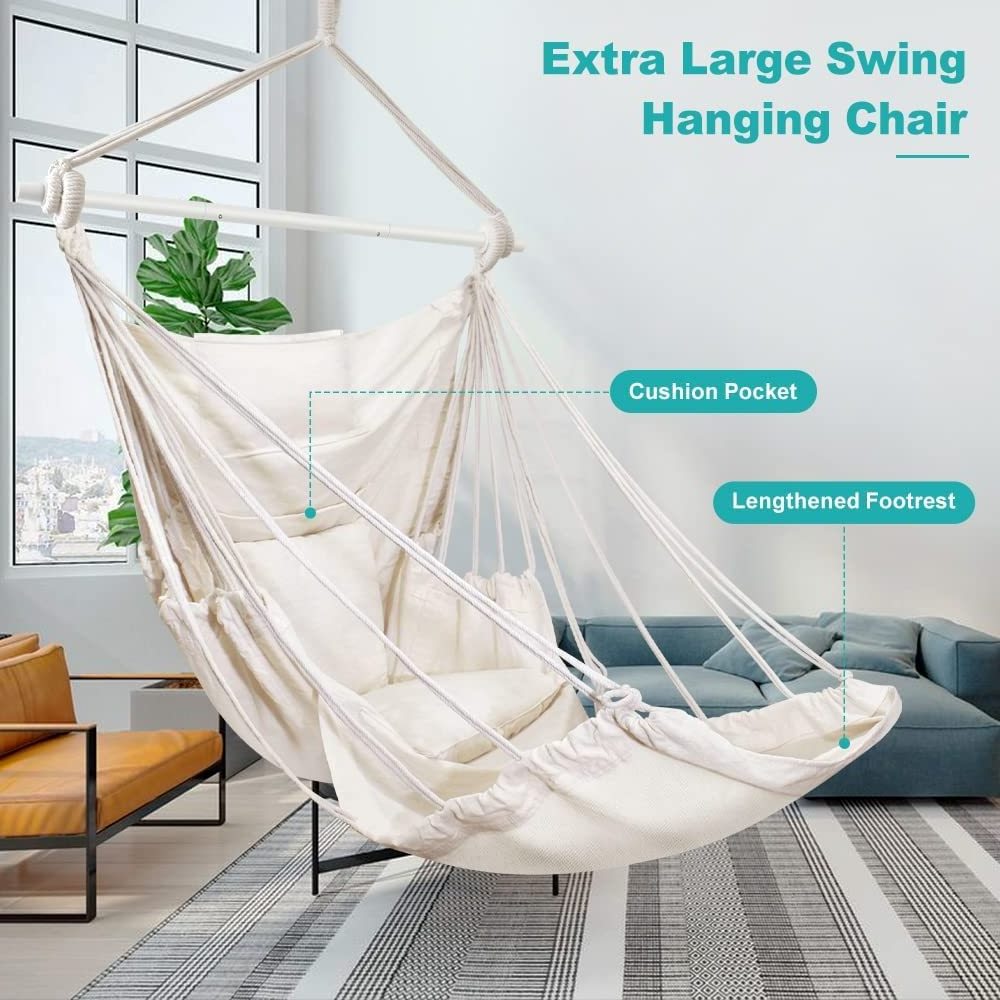 BODI  Indoor Outdoor Hammock Chair, Hanging Chair with 3 Cushions and Foot Rest Support, Durable Metal Spreader Bar