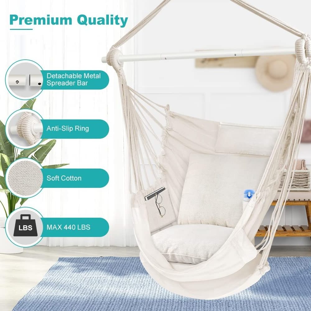 BODI  Indoor Outdoor Hammock Chair, Hanging Chair with 3 Cushions and Foot Rest Support, Durable Metal Spreader Bar