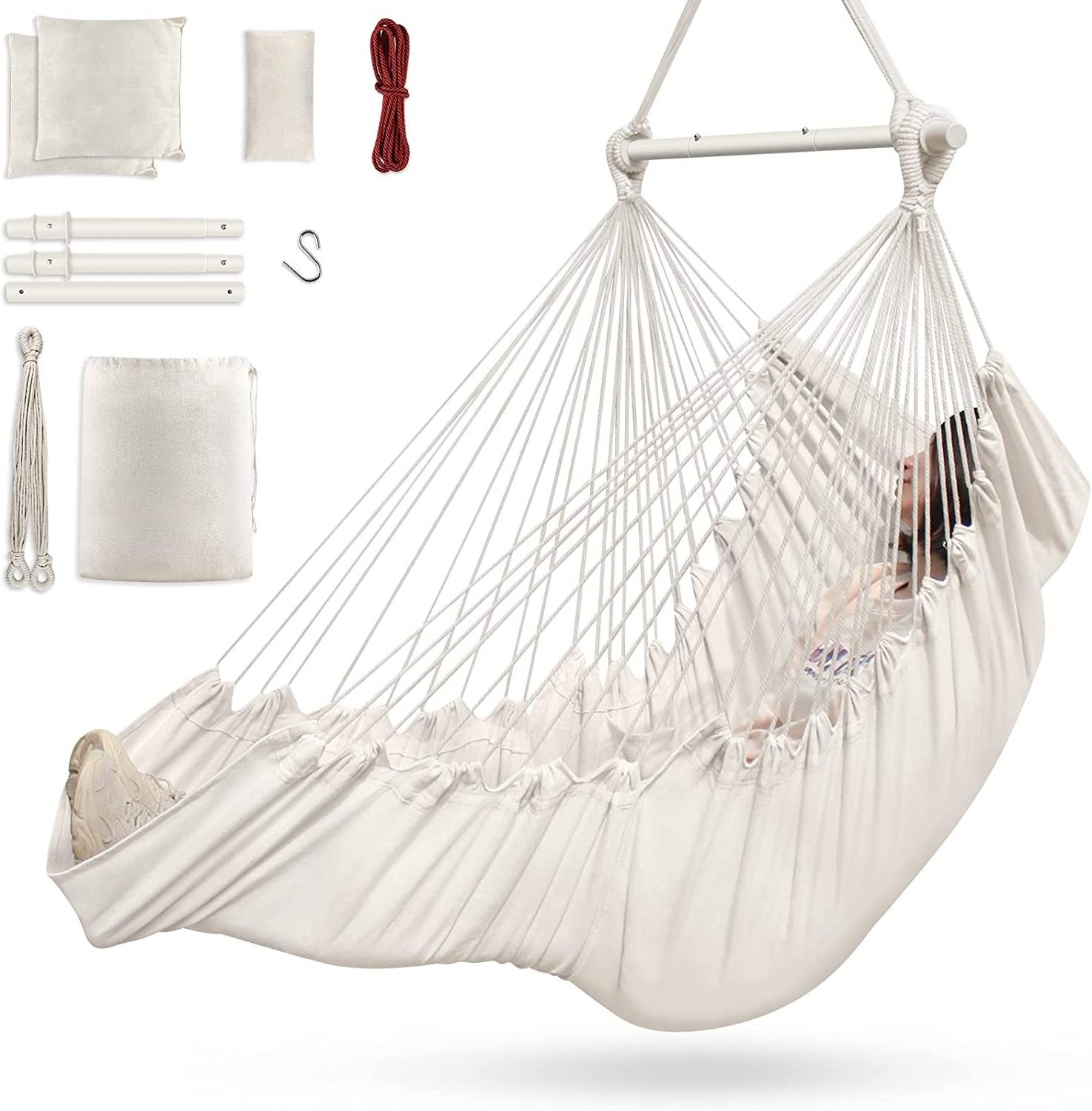 BODI  Indoor Outdoor Hammock Chair, Hanging Chair with 3 Cushions and Foot Rest Support, Durable Metal Spreader Bar