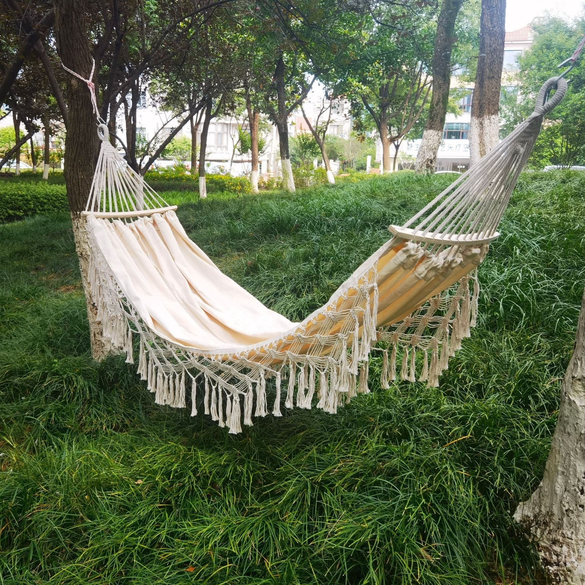 BODI Outdoor Double Deluxe White Bohemian Camping Fringed Macrame Hammock With Wooden Bar