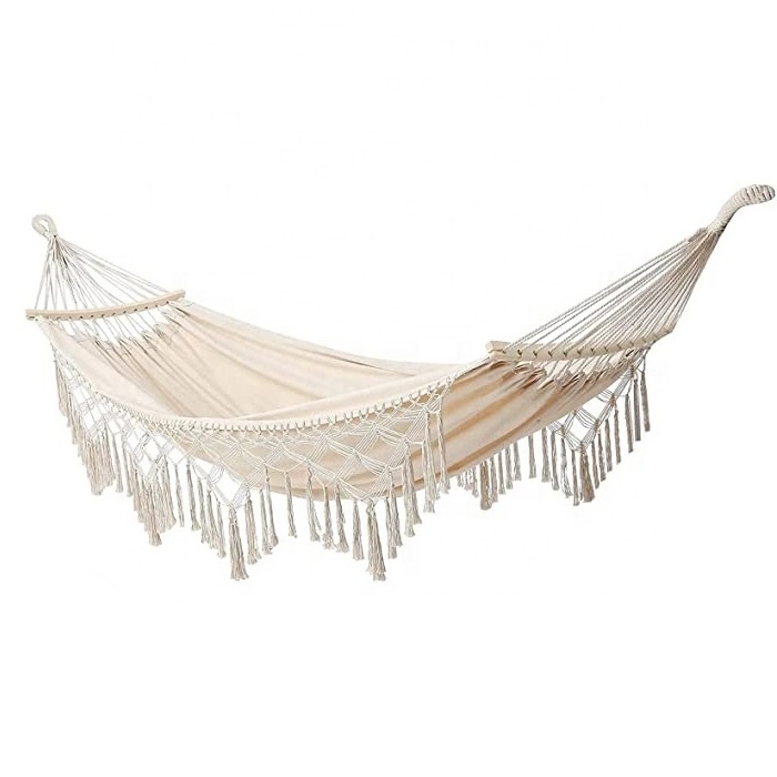 BODI Outdoor Double Deluxe White Bohemian Camping Fringed Macrame Hammock With Wooden Bar