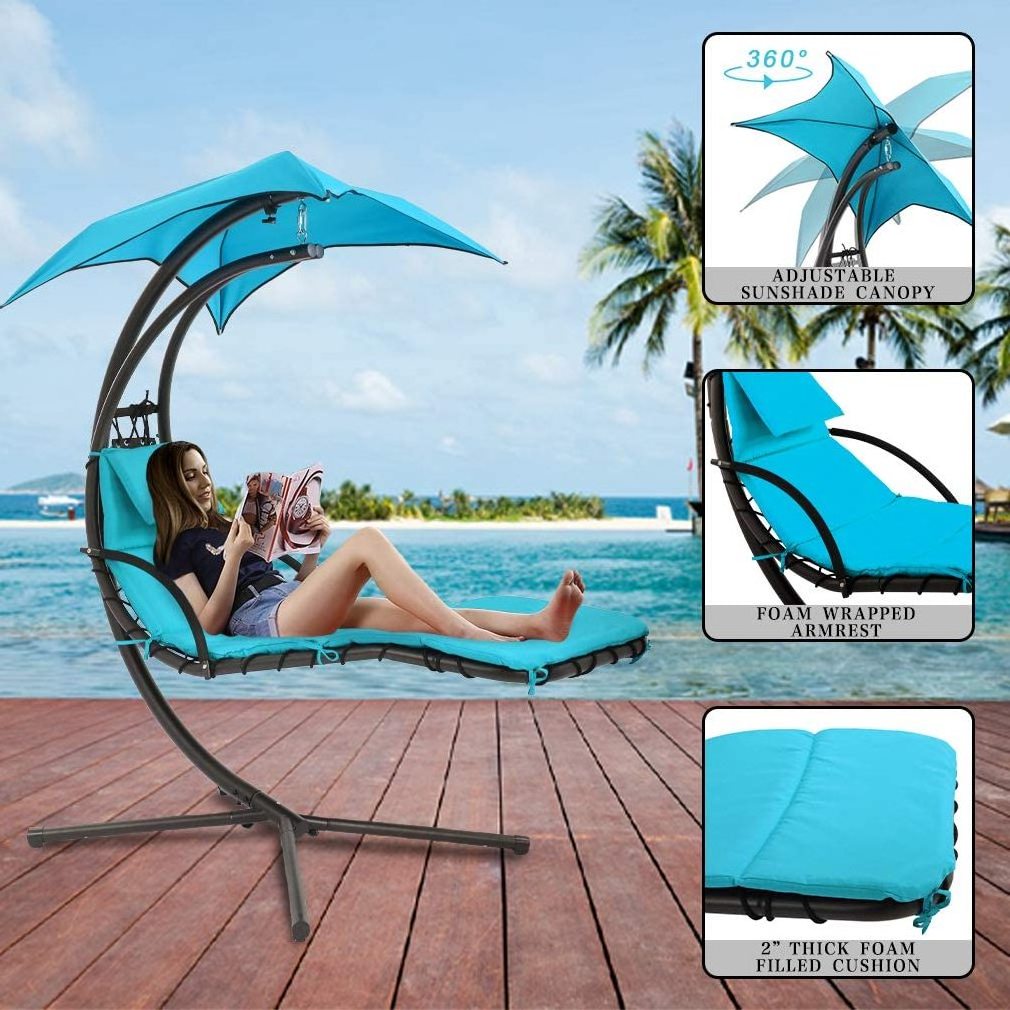 Outdoor Patio Hanging Chaise Lounger Chair With Sunshade Canopy Floating Chaise Canopy Swing Hammock Chair