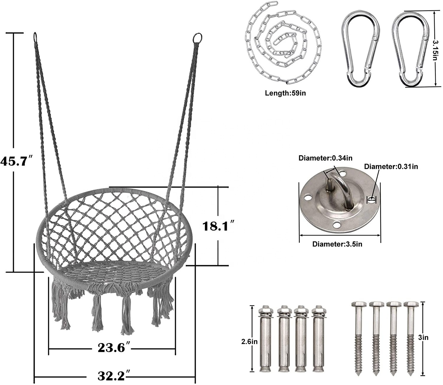 Round Hammock Chairs with Hanging kit  Hanging Knitted Mesh Cotton Rope Macrame Swing Outdoors Hammock Chair