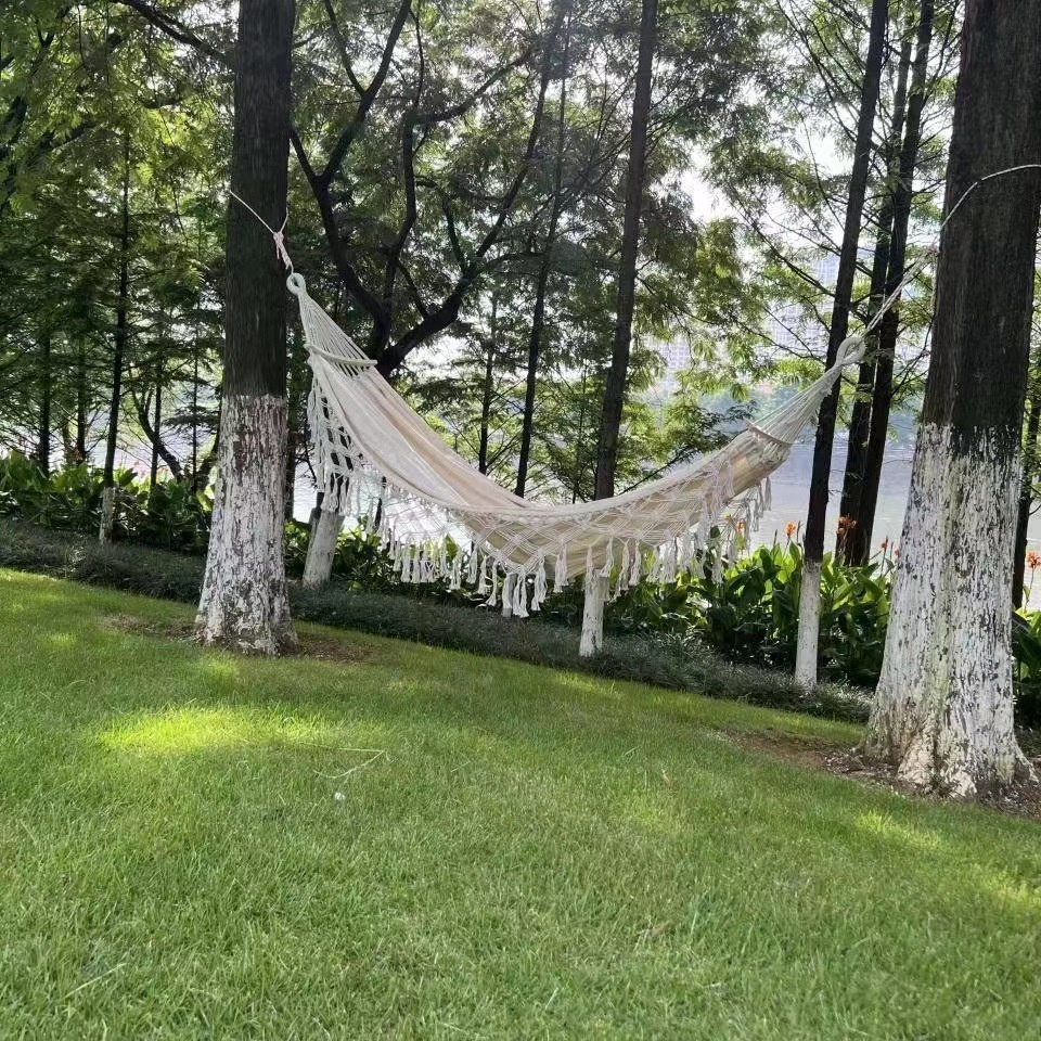 BODI Outdoor Double Deluxe White Bohemian Camping Fringed Macrame Hammock With Wooden Bar