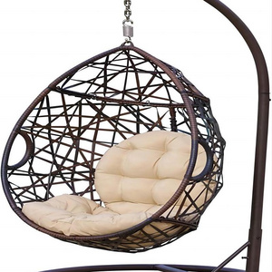 BODI Outdoor Rattan Wicker Double Seat Hanging Egg Swing Chair with Metal Stand