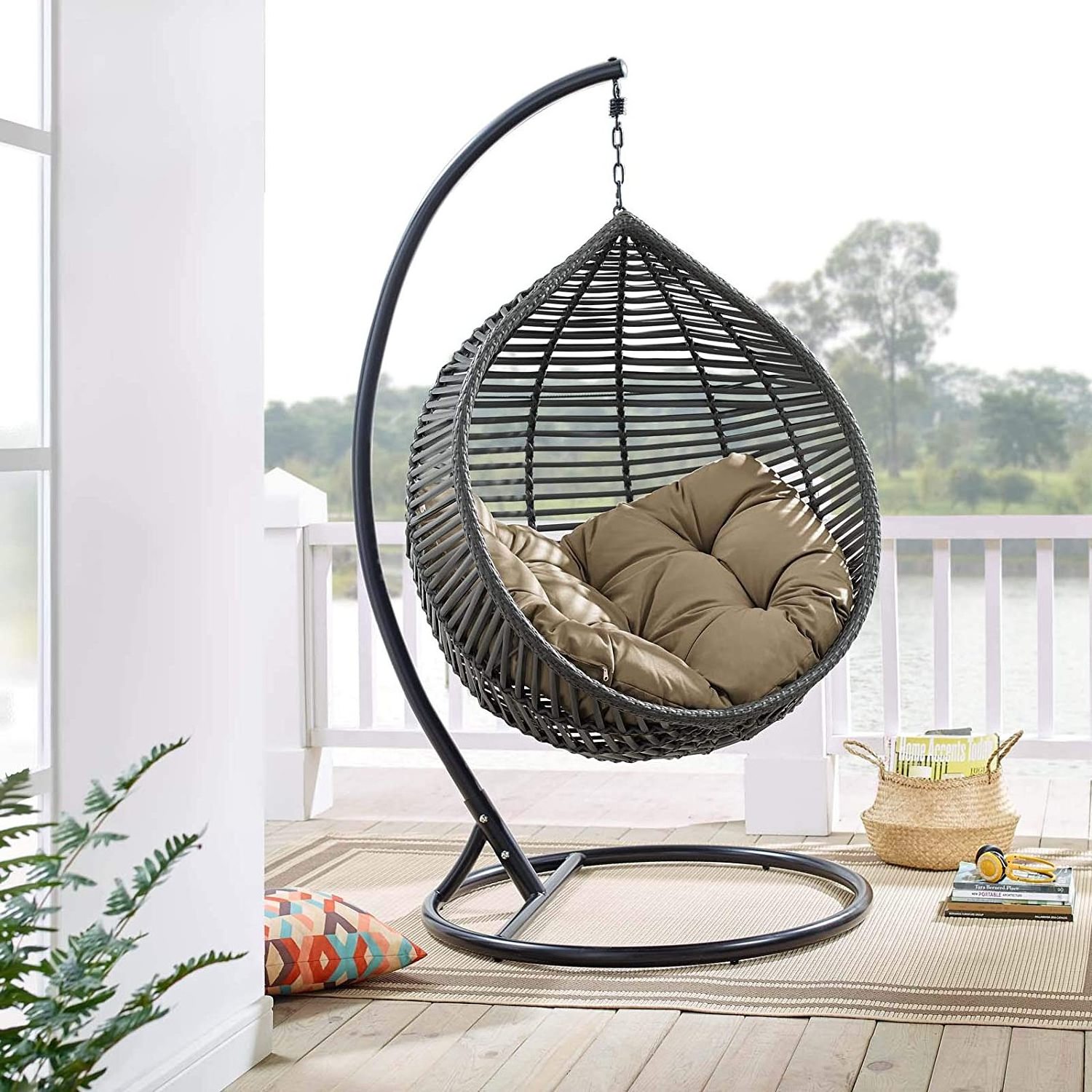 BODI  Outdoor Patio Wicker Rattan Teardrop Swing Chair in Gray Mocha