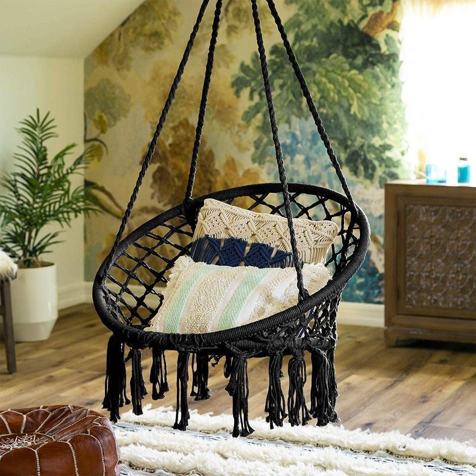 Hammock Chair Hanging Rope Swing  Large Macrame Hanging Chair with Pocket