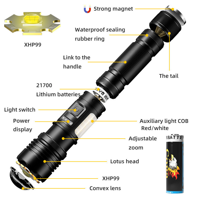 Professional zoomable brightest flashlight multifunction power bank tactical flashlight