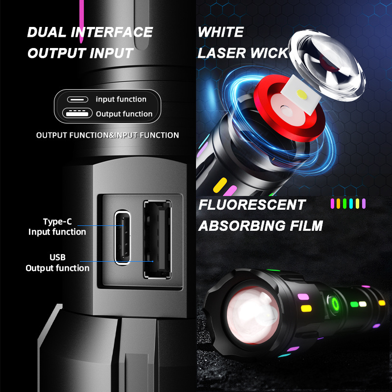 High powered laser flashlight led flashlight 5 modes rechargeable usb torch