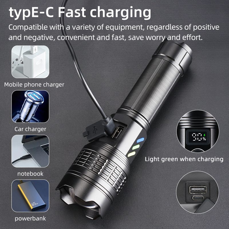 Multi-functional rechargeable strong flashlight 1300lm camping flashlights high lumen