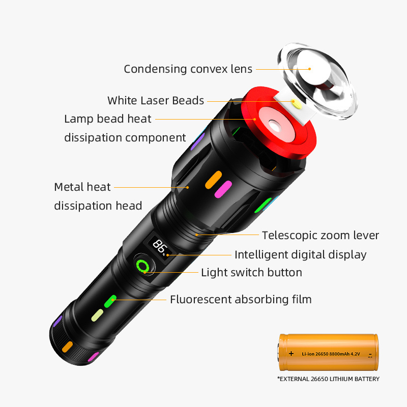 High powered laser flashlight led flashlight 5 modes rechargeable usb torch