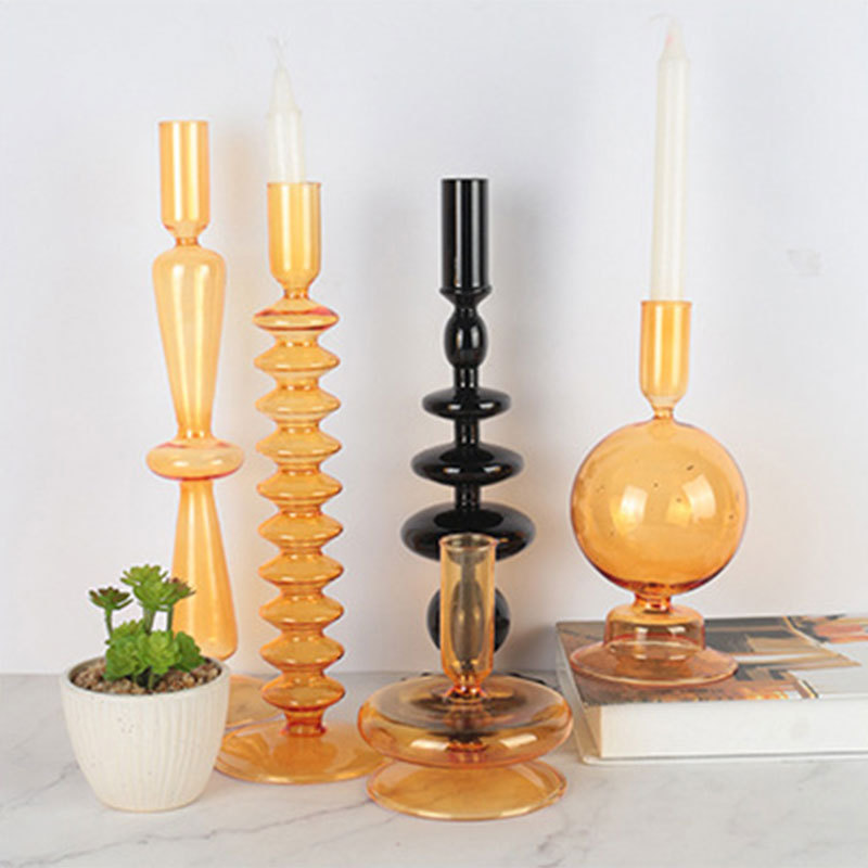 Borosilicate Hand blown yellow glass jars candle Vessel Colored Gold Blue Candlestick Tube Cylinder Taper Candle Stick Holder