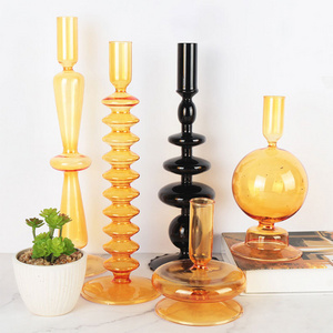 Borosilicate Hand blown yellow glass jars candle Vessel Colored Gold Blue Candlestick Tube Cylinder Taper Candle Stick Holder