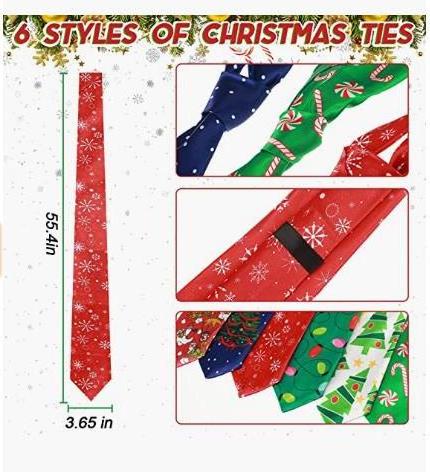 6 Pieces Christmas Ties 51 Inch Novelty Holiday Printed Necktie Boy Girl Men Santa Snowman Snowflake Tree Funny Neck Ties