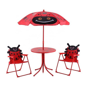 Ladybug Folding Table and Chair Kids Patio Set Picnic Table with Removable Umbrella for Outdoor Garden