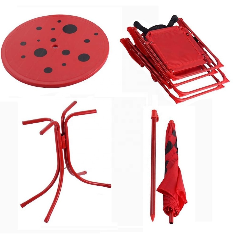 Ladybug Folding Table and Chair Kids Patio Set Picnic Table with Removable Umbrella for Outdoor Garden