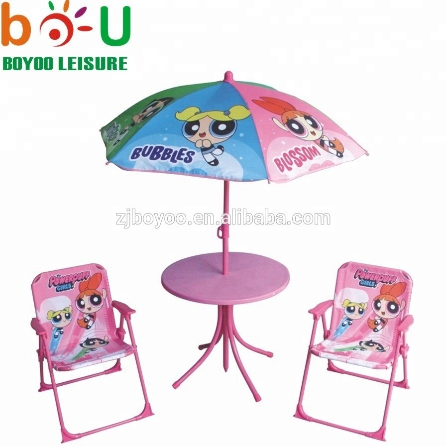 Kids Patio Set Table And 2 Folding Chairs w/ Umbrella Beetle Outdoor Garden Yard