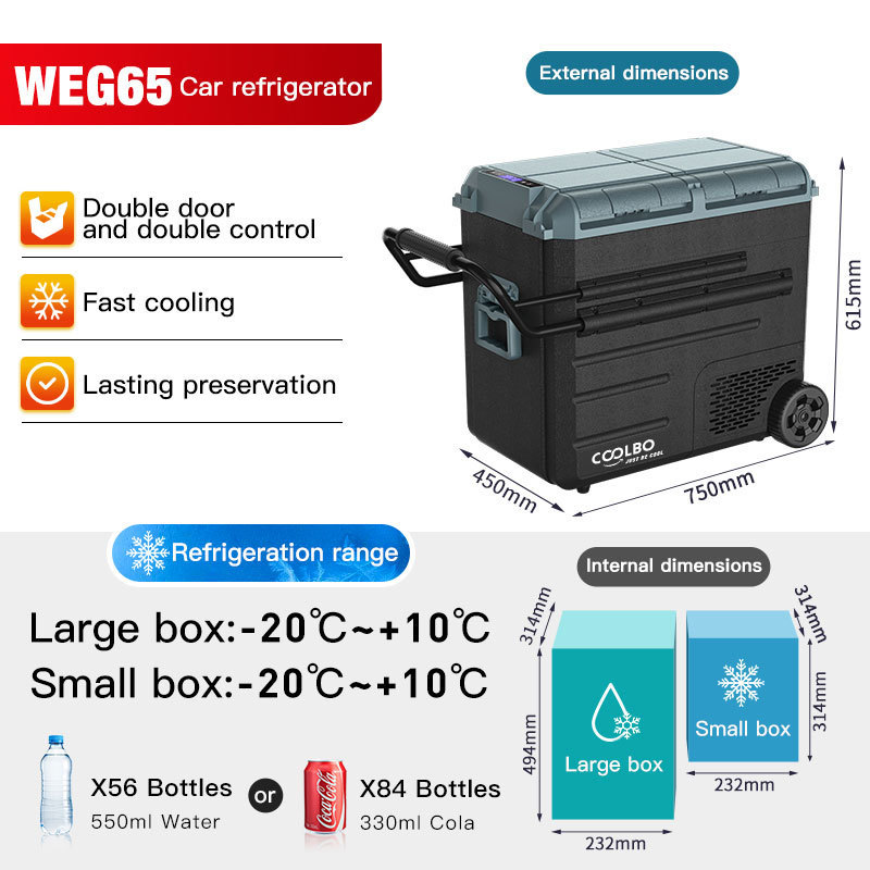 WAYCOOL WEG65 58L Battery Powered Vehicle Refrigerator 12V/24V/AC100~240V with Wheels and Low Noise for Outdoors